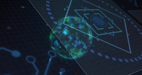 Floating 3D sphere with triangular facets over digital circuit plane emitting particles