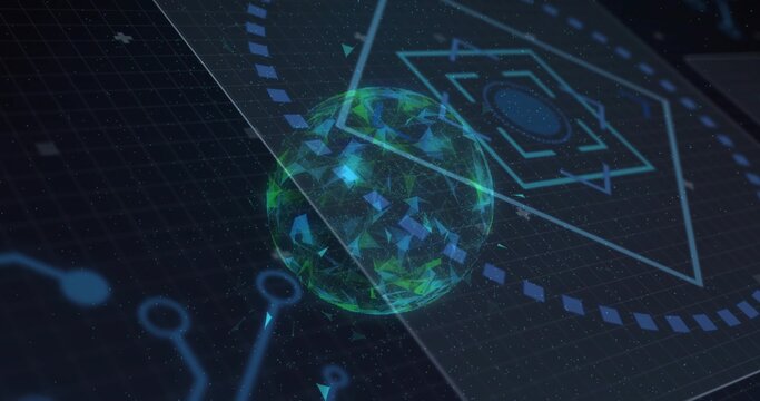 Floating 3D sphere with triangular facets over digital circuit plane emitting particles