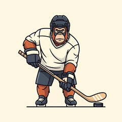 Cartoon orangutan ice hockey player in white jersey black helmet holding stick ready to shoot.
