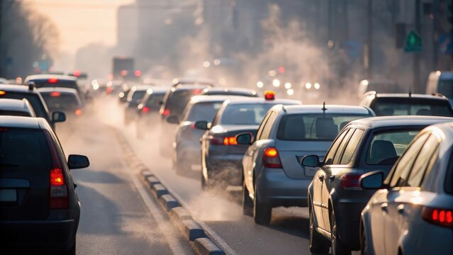 Dense rush-hour traffic on city streets &mdash; highlighting vehicle emissions and smog in early morning light