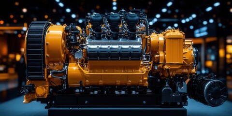 This image showcases a powerful industrial diesel engine, highlighting its intricate details and design.