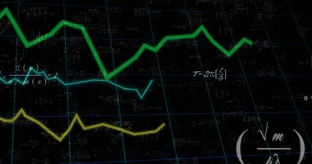 Displaying green cyan yellow line graphs varying on grid, showing Greek letters, chemical diagrams