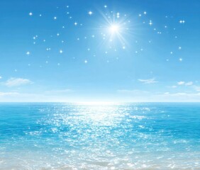 Glistening sea meets bright blue sky dotted with stars. Sunlight reflects off the water, creating a serene and shimmering scene