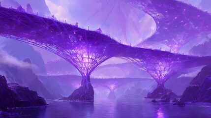 Bright energy bridges connecting floating islands in a purple atmosphere