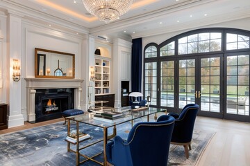 Elegant home office interior with fireplace and large windows showing swimming pool