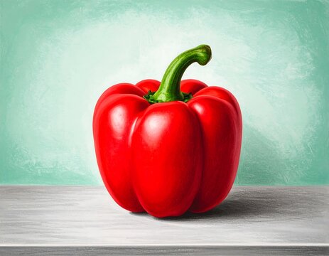 Red bell pepper on a light gray surface against a mint green backdrop