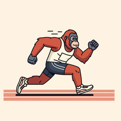 Cartoon orangutan athlete running in white tank top and shorts determined expression.