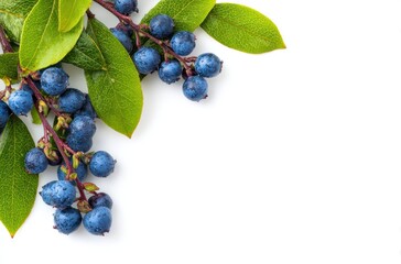Cluster of fresh, ripe blueberries with green leaves, isolated against a white background, showing healthy food