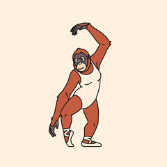 Charming cartoon orangutan in white leotard and ballet shoes one foot en pointe striking a graceful dance pose. © Bruno