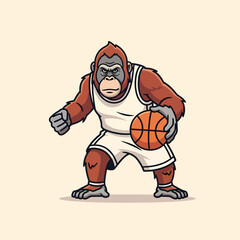 Cartoon orangutan basketball player in white jersey dribbling ball ready to play.