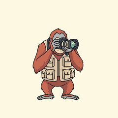 Cartoon Orangutan Photographer in Safari Vest Holding DSLR Camera.