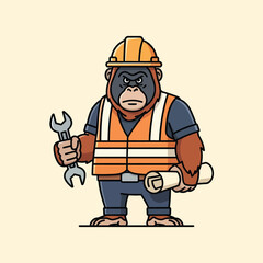 Cartoon orangutan construction worker in hard hat and safety vest holding wrench and blueprint.