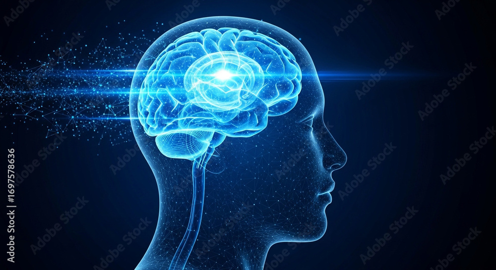 Poster luminous blue brain visualization pulsing with data streams, symbolizing intelligence and innovation