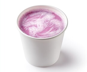 Foamy, light pink beverage in a white cup, viewed from above, isolated on a white background with a subtle shadow