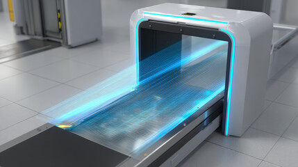 sleek luggage scanner archway emitting blue scanning beams over roller tray modern airport security tech illustration concept scene visual for commercial design use high detail quality stock image ill