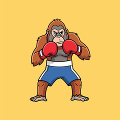 Angry cartoon orangutan boxer wearing red gloves and blue shorts in a fighting stance.