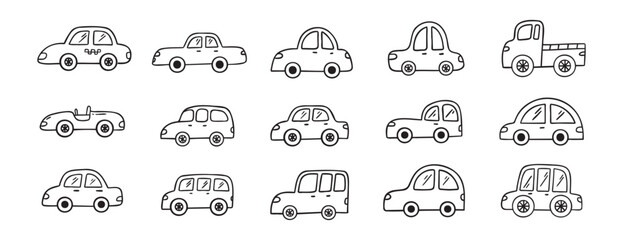 Car doodle hand drawn line icon set. Car drawing outline clipart