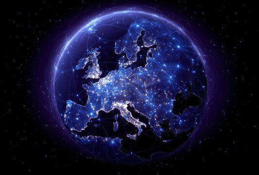 Europe glows at night in this digital representation, illuminated by connected nodes and enveloped by a soft, astral blue atmosphere