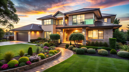 Luxury suburban residence with landscaped garden at sunset