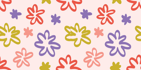 Flower doodle seamless pattern hand drawn colorful. Summer floral cute print cartoon flowers. Natural vector background. Trendy kids endless pattern