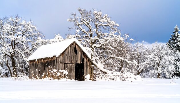 Rustic wooden shed in a snowy landscape
