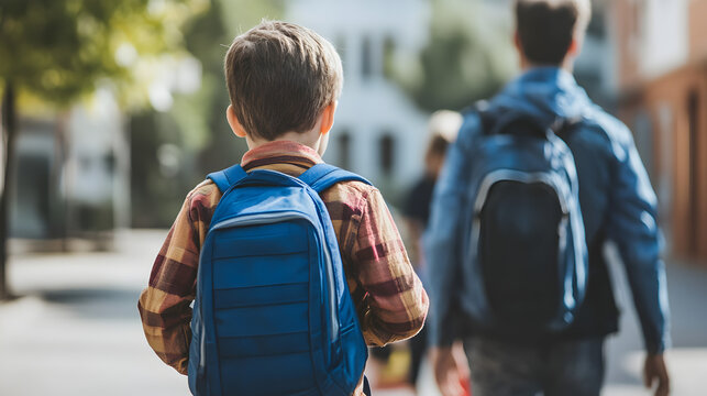 A boy with a blue backpack walking on the street with another person in the background on a sunny day - Powered by Adobe
