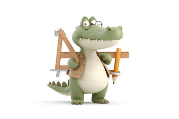 A crocodile student holding a ruler and compass, ready for geometry class, 3d animation, isolated on a white background
