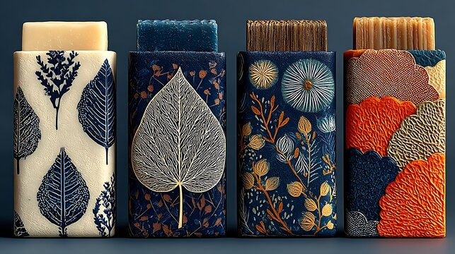 Four decorative soap bars with botanical patterns packaging floral