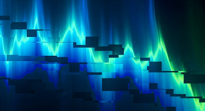 Abstract digital background with glowing blue and green aurora-like lights and dark geometric blocks.