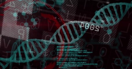 Rotating teal DNA double helix displaying on computer, with red circular graphics and code overlays