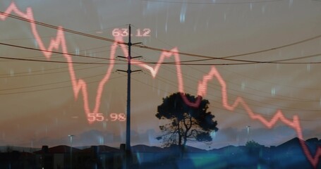 Utility pole and power lines dominating in suburb at dusk, featuring red line chart, numeric labels