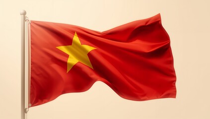 Naklejka premium Vietnam national flag featuring bright red fabric and yellow star gently waving upon the flagpole, captured within soft daylight against a neutral background with smooth tones