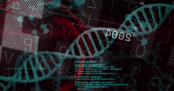 Rotating teal DNA double helix displaying on computer, with red circular graphics and code overlays - Powered by Adobe