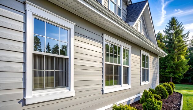 Exterior of a house with gray siding and white trim