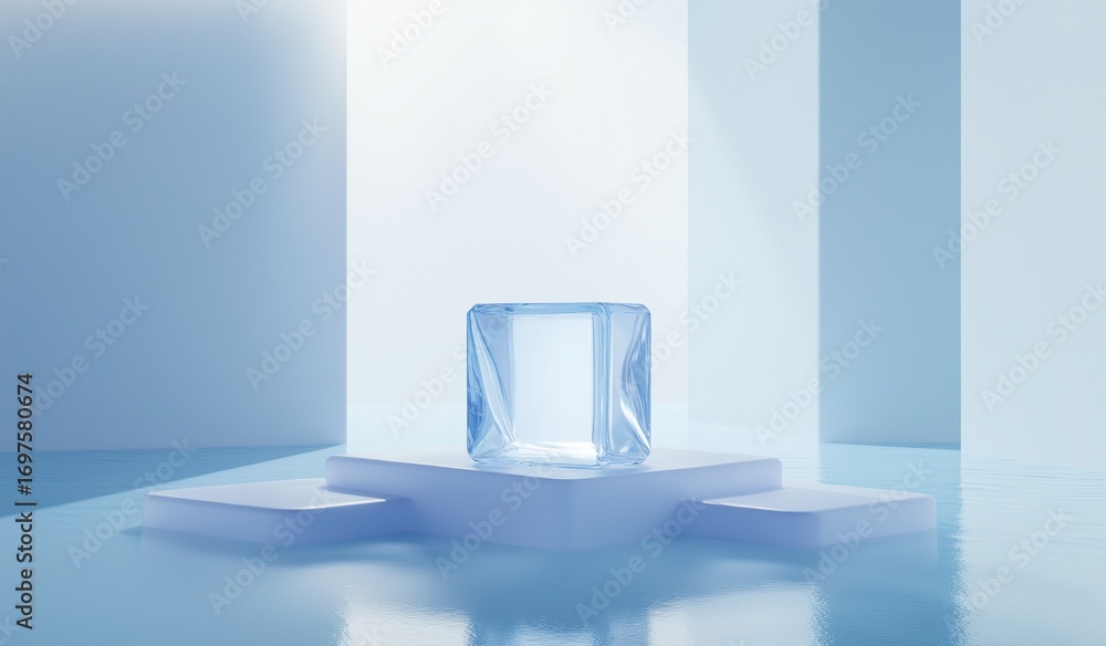 Poster clear ice cube on podium surrounded by light blue space background minimalist style geometric shapes