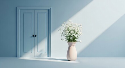 Soft Light Illuminates Delicate White Flowers in Pale Pink Vase beside Door