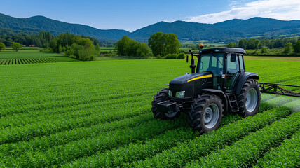 Fototapeta premium Powerful modern tractor with wide mounted sprayer working across vast farmland spraying crops in freshly sowed green field under bright blue sky panoramic view