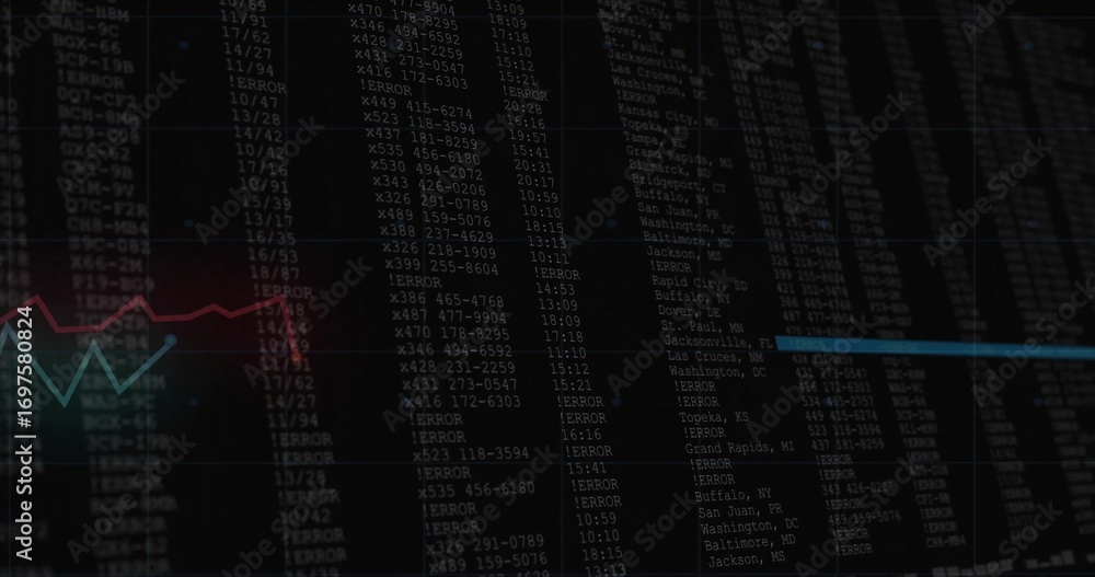 Fototapete displaying dashboard showing alphanumeric logs on screen alongside red teal line chart overlay