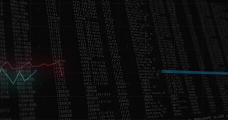 Displaying dashboard showing alphanumeric logs on screen alongside red teal line chart overlay