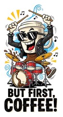 Fototapeta premium Energetic rockstar coffee cup character playing drums, dynamic cartoon illustration, bold expressive lines