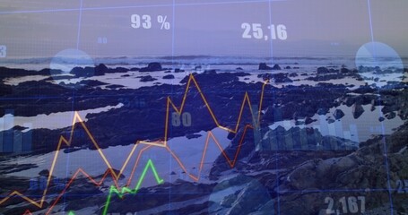 Digital data overlay moving over rocky shoreline with colorful line charts and numeric stats