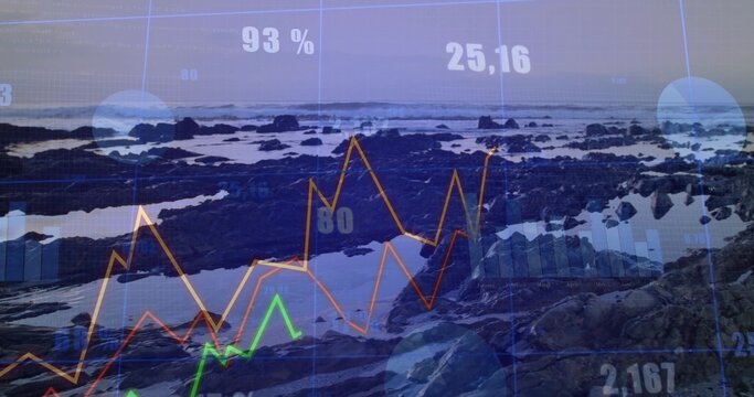 Digital data overlay moving over rocky shoreline with colorful line charts and numeric stats