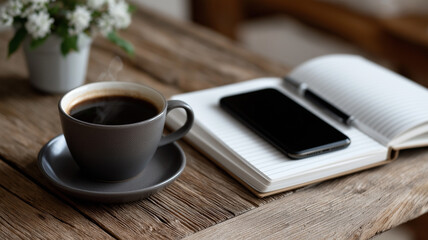 Top view of rustic wooden table with steaming coffee, modern smartphone, open notebook and pen symbolizing creativity, productivity, and mindful lifestyle design