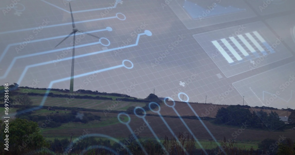 Poster standing wind turbine overlooking fields with hedgerows and trees on hill with circuit overlay