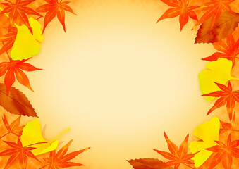 紅葉狩り　イチョウと紅葉と落ち葉　水彩風　暖かい秋色の背景　フレーム