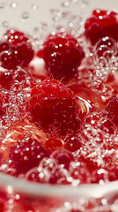 Sweet red raspberries float in refreshing bubbly water. Summer berries in sparkling drink with effervescence.