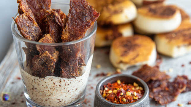 Dried meat strips immersed in creamy sauce. Delicious snack presented in a glass. - Powered by Adobe