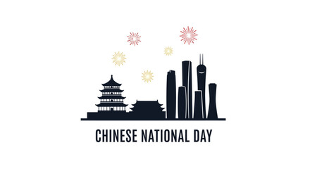Chinese National Day celebration graphic with a traditional pagoda and modern city skyline under fireworks.
