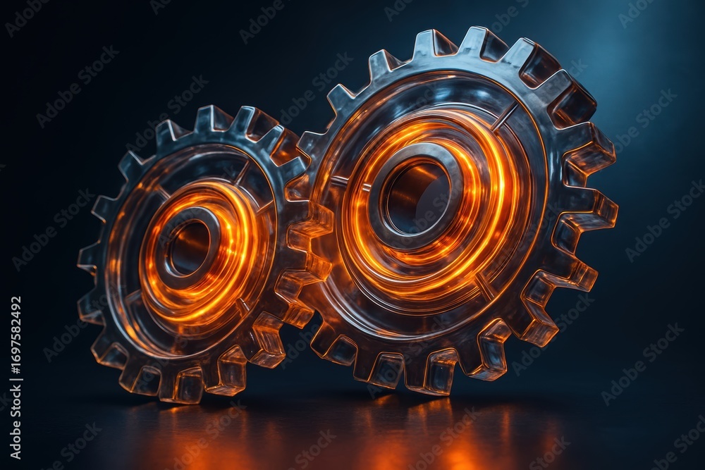 Aufkleber interlocking gears: a meticulously crafted image presents two gears interlocked, radiating a dynamic