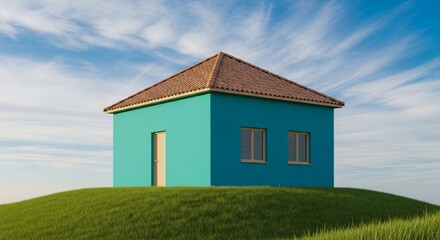 Simple Teal House on Grassy Hill under Blue Sky